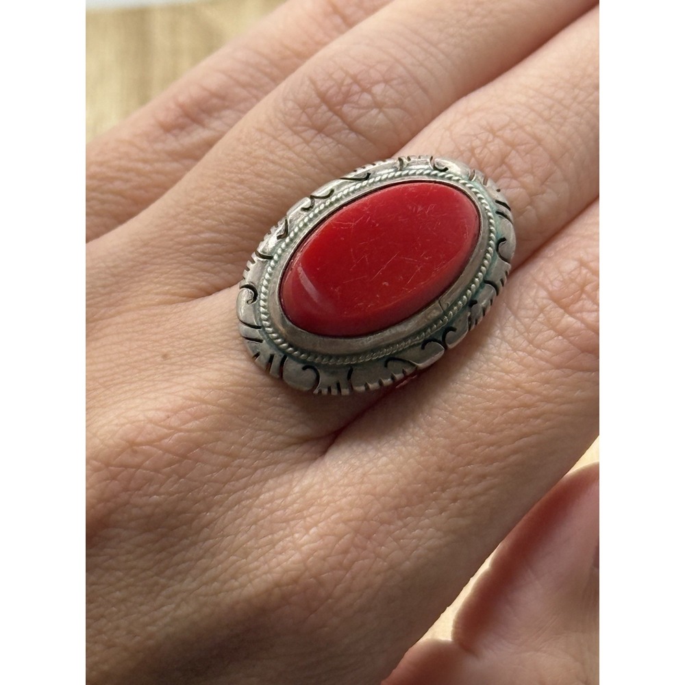 Vintage Mexico Sterling Silver Large Red Cabochon Statement Ring 6.5
